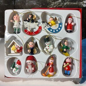 Vintage Small Wooden Christmas Ornaments Lot Of 12 Angels Santa Snowmen 1-1/2”